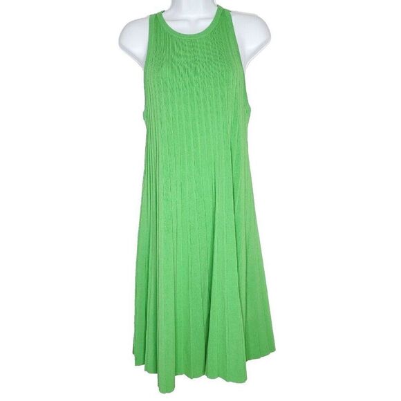 COS Dress Sleeveless Pleated Shift Sz S Knee Green Cotton Ribbed Knit Pullover - Picture 1 of 5